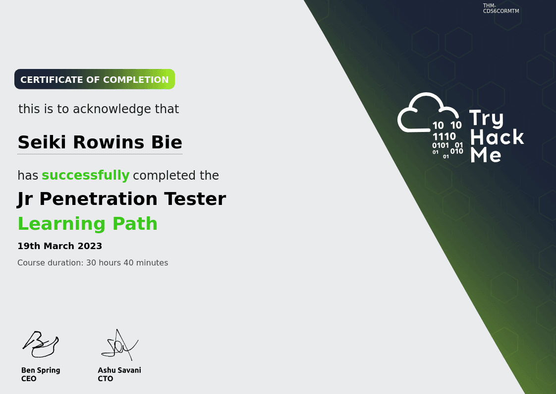 Jr. Penetration Tester certificate