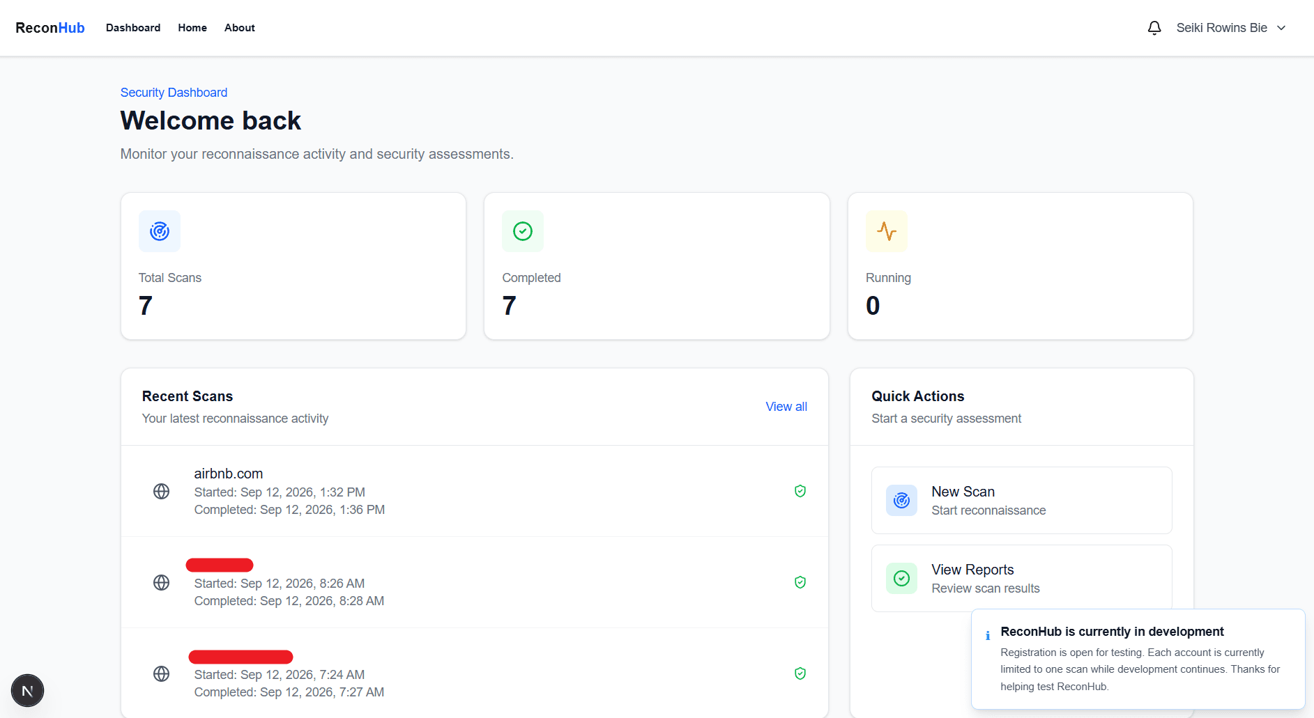 ReconHub dashboard showing scan activity and recent scans